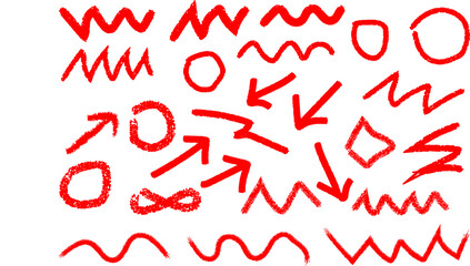 Hand drawn sketch design elements red crayon on white background