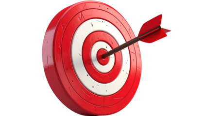 Red and white bullseye target hit by arrow, diagonal view against black
