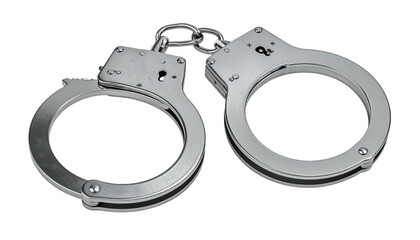 Close-up of silver metal handcuffs with a chain connection, isolated on a black background