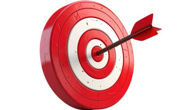 Red and white bullseye target hit by arrow, diagonal view against black