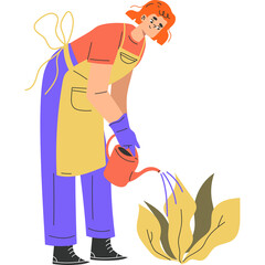 Illustration of a woman with orange hair wearing a yellow apron and blue pants watering a plant in a white background