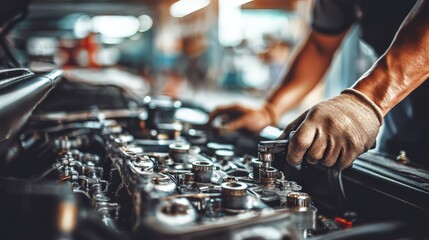 Mechanic with gloved hands tightens engine parts with a tool.