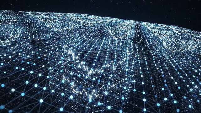 A tilting shot that reveals the massive scale of a three-dimensional node network