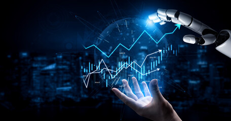 A futuristic robotic hand reaches towards glowing data charts, symbolizing the intersection of technology and finance in a dark digital space. Scalp