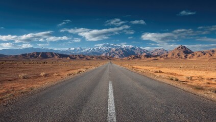Asphalt road leads to mountains under a blue sky with clouds. Desert landscape
