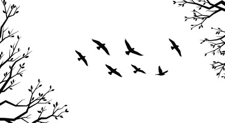 Flying birds and tree branches silhouette cartoon illustration, symbolic transition and expressive seasonal motion artwork for lifestyle and design