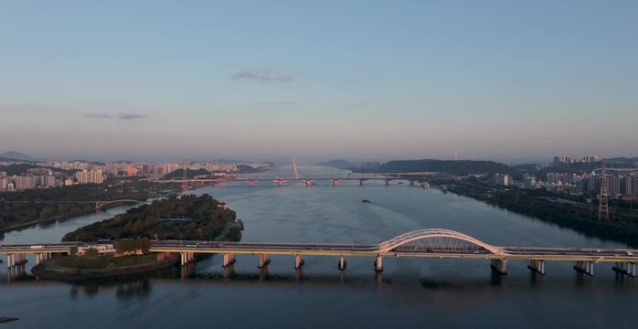 An aerial view of Seoul's Hangang River, Yeouido, and Seonyudo Park in autumn
