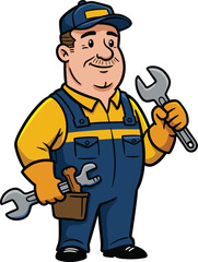 Mechanic with wrench and toolbox cartoon illustration, symbolic service and expressive skilled labor character artwork for design and education