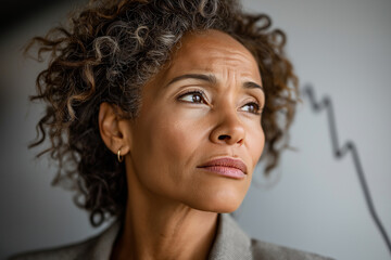  Middle-aged black woman in a modern office, looking anxiously