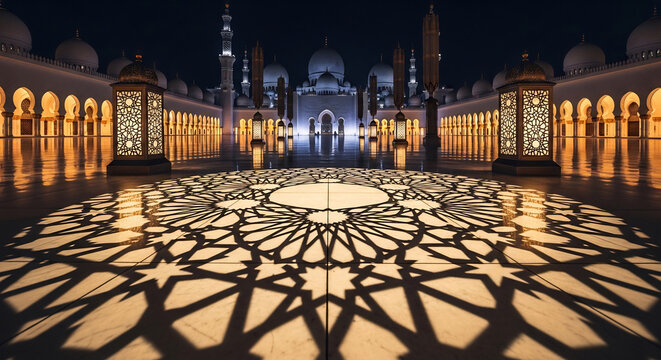 Big Grand Mosque at night with intricate geometric light patterns on the courtyard floor.