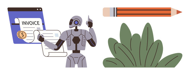 Robot processing invoice on digital platform, alongside a pencil and foliage. Ideal for automation, finance, AI, creativity, digital tools, accounting, environment simple flat metaphor
