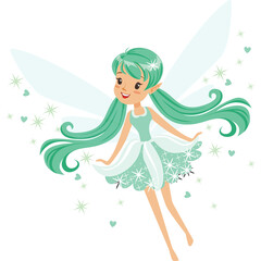Illustration of a young fairy with long green pigtails wearing a light green dress and transparent wings flying with sparkling green hearts and stars on a white background