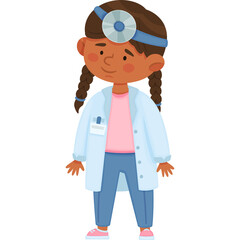 Illustration Of A Young Girl Dressed As A Doctor Wearing A White Lab Coat And A Head Mirror With Braids And Blue Pants