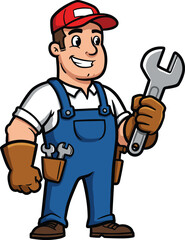 Smiling mechanic with wrench cartoon illustration, symbolic service and expressive skilled labor character artwork for design and education