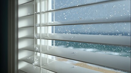 Obraz premium Closeup Of White Wood Blinds With Rainy Day Ocean View