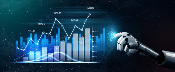 A robotic hand points at dynamic digital data graphs, illustrating the intersection of technology and finance, showcasing futuristic analysis and statistical growth. Scalp