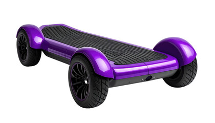 Purple electric skateboard with black wheels and grippy deck on a black background, angled view