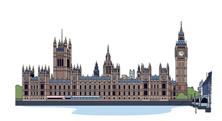 Iconic Palace of Westminster and Big Ben Clock Tower London Landmark.