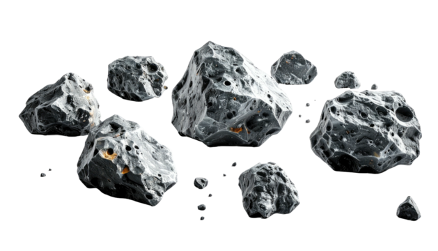 An array of asteroids against a black background