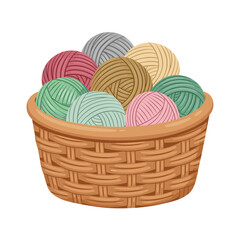 A cozy cartoon wicker basket with wool yarn for knitting and crafting on a transparent background