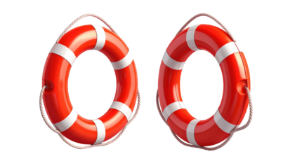 Two bright red life preservers with white stripes and rope detail against a black background