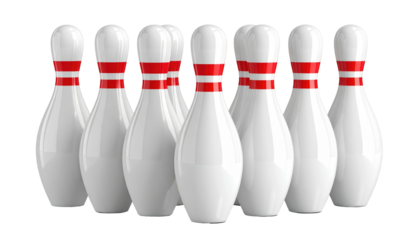 A group of bowling pins standing together, white with red bands near the neck, set against a dark background