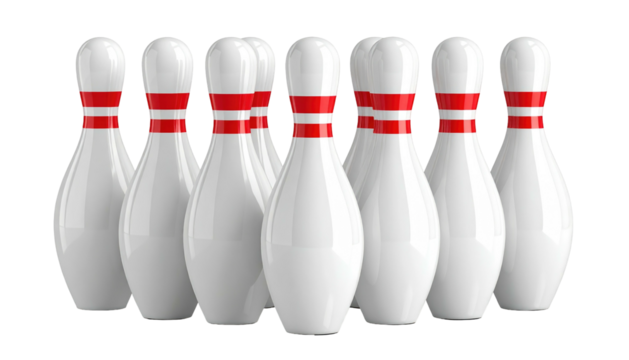 A group of bowling pins standing together, white with red bands near the neck, set against a dark background