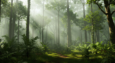Fototapeta premium Sunlight filters through the trees in a dense and vibrant green forest