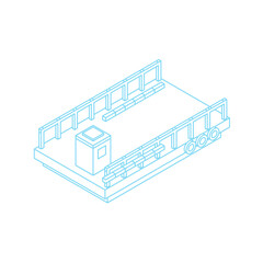 Industrial transport cart with blue outline on transparent background schematic drawing of a flatbed trolley with railings and wheels