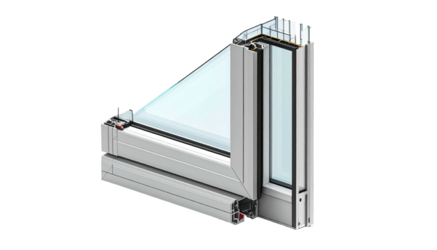 Cutaway view of a modern window structure featuring a triangular glass pane and multi-layered metal frame
