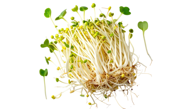 A cluster of radish sprouts with green leaves and pale stalks on a dark background