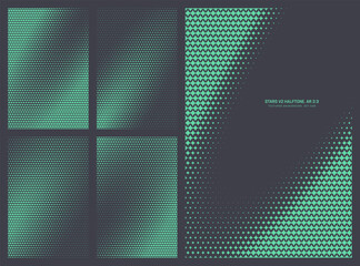 Assorted vector turquoise stylized stars grid halftone pattern set in vertical 2:3 aspect ratio including leaning elliptical frame and various smooth textures. Varied half tone design elements bundle © yamonstro