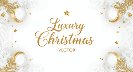 Elegant Christmas Vector Background with Golden Holiday Ornaments and Sparkling White Branches, Perfect for Festive Seasonal Greetings and Luxury Celebrations