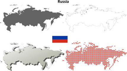 Russia Outline Map Set with Flag | Editable Vector of Russian Country Silhouette, Border, and Dotted Map Design