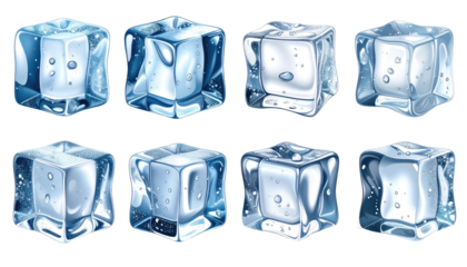 Eight cartoon ice cubes, various angles and detail, glistening drops, set on a dark background