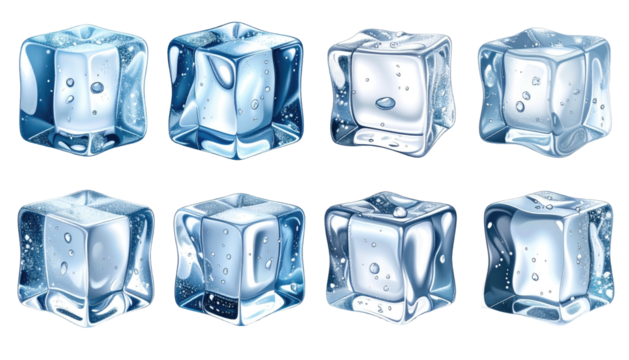 Eight cartoon ice cubes, various angles and detail, glistening drops, set on a dark background