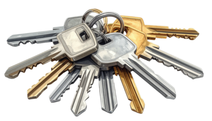 A bunch of various metal keys connected on a metal ring, silver and golden hues, arranged on a white backdrop