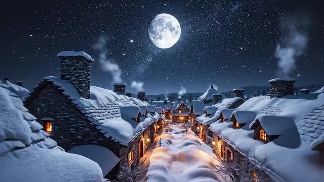 tranquil nighttime panorama of a winter village as chimneys sigh and warm lights glow through windows for cozy holiday B roll