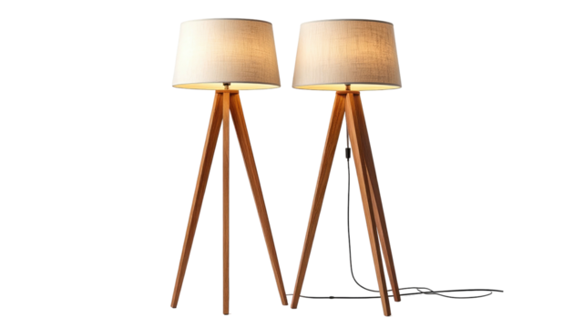 Two lamps stand side-by-side, featuring beige shades and wood tripod legs on a stark black background