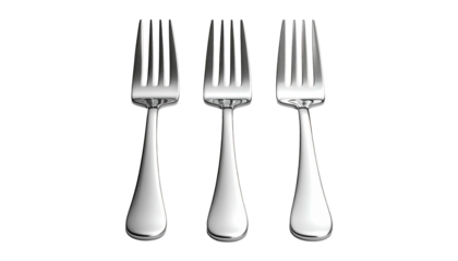 Three shiny, silver forks standing side by side, isolated against a stark black background. Minimalist and clean