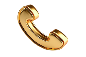 Golden phone receiver icon isolated on black. Shiny, reflective, classic shape. Glossy texture & warm light accentuate form