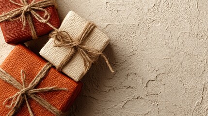 Colorful Wrapped Gifts Tied With Twine on a Textured Background in a Cozy Home Setting During the Holiday Season