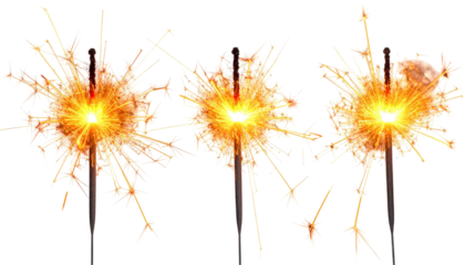 Three sparklers ablaze, radiating golden light against a dark background, celebrating joy and festivity in a warm, vibrant glow