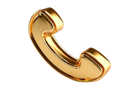 Golden phone receiver icon isolated on black. Shiny, reflective, classic shape. Glossy texture & warm light accentuate form