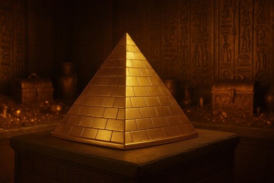 Golden pyramid shining amidst ancient treasures and hieroglyphs in a mysterious chamber