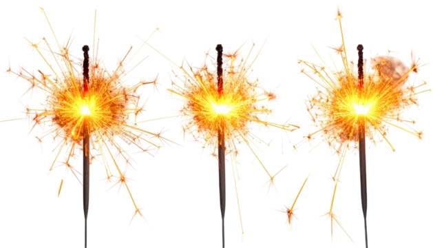 Three sparklers ablaze, radiating golden light against a dark background, celebrating joy and festivity in a warm, vibrant glow