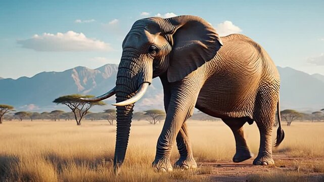 Elephant walking across the african savanna with mountains in the background on a sunny day elephant video