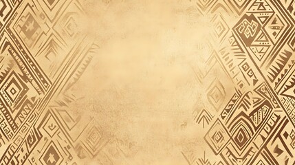 Earth tone background features repeating geometric patterns along the borders with a central empty space.