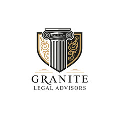 A classical column design with a shield background, decorative elements, and text below