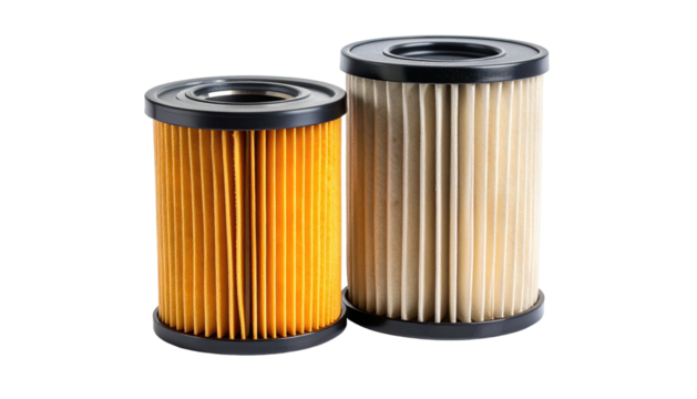 Two cylindrical filters, one yellow and one tan, stand on a black surface with dark tops and dark borders